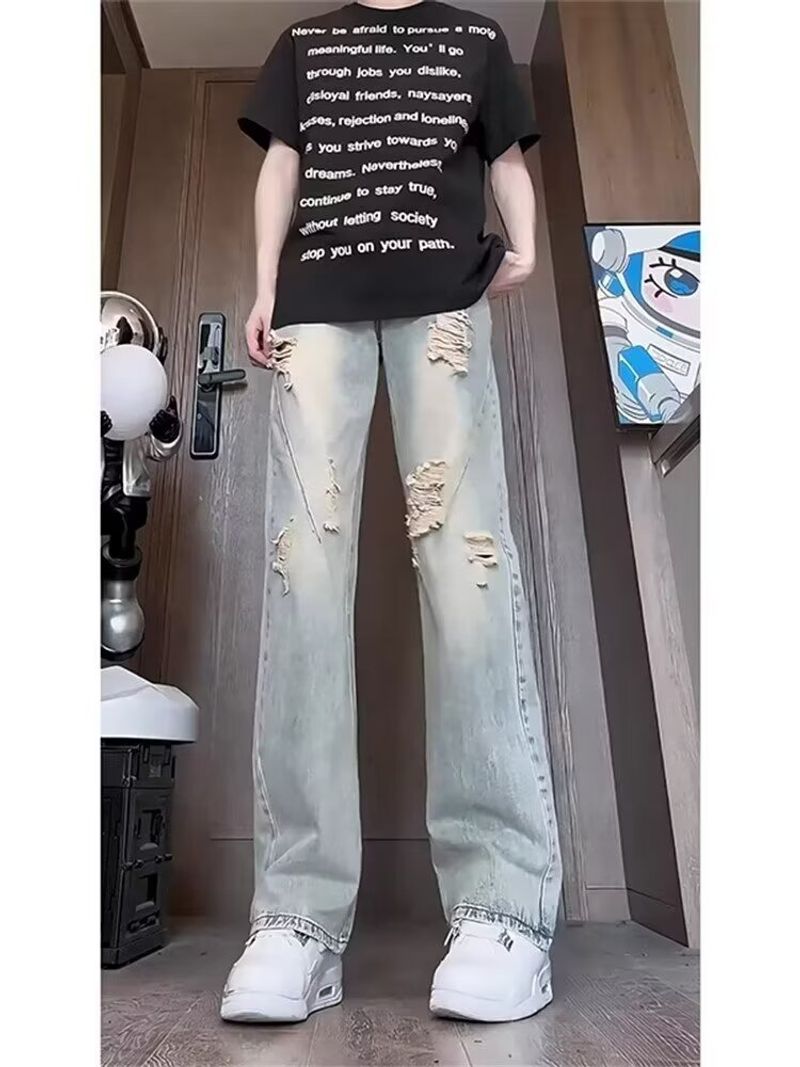 Jeans Used-Look, dünn Sommerhose für Herren Distressed-Design, gerade geschnittene Micro-Schlaghose im amerikanischen_voghion.com