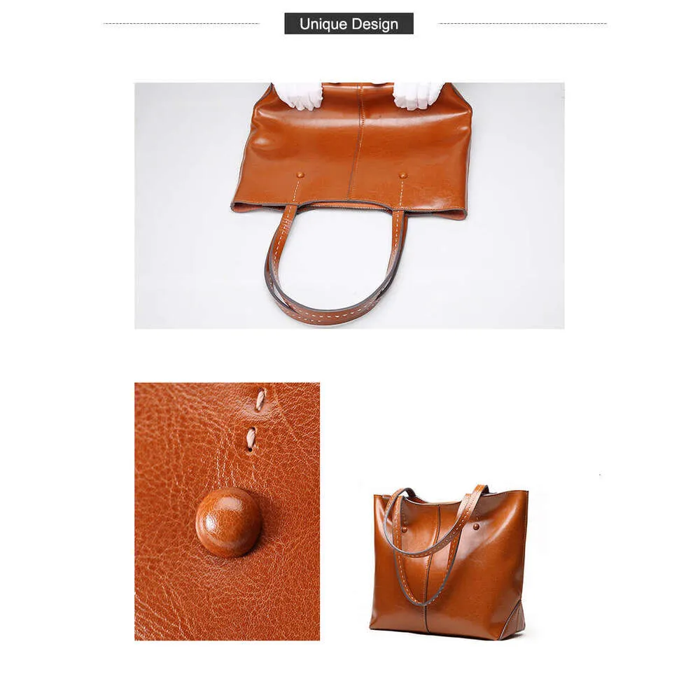 Zency Soft Cowhide Leather Fashion Women Shoulder Retro Brown Tote Handbag Large Capacity Lady Shopping Bag Black Grey_voghion.com