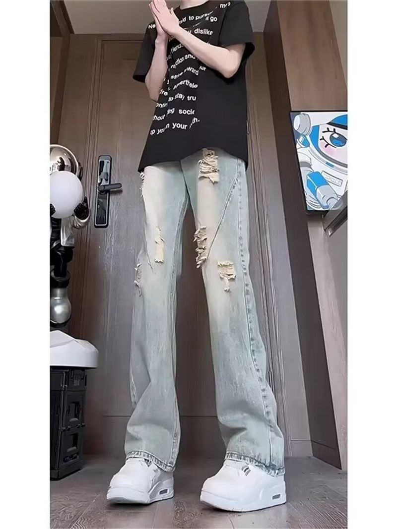 Jeans Used-Look, dünn Sommerhose für Herren Distressed-Design, gerade geschnittene Micro-Schlaghose im amerikanischen_voghion.com