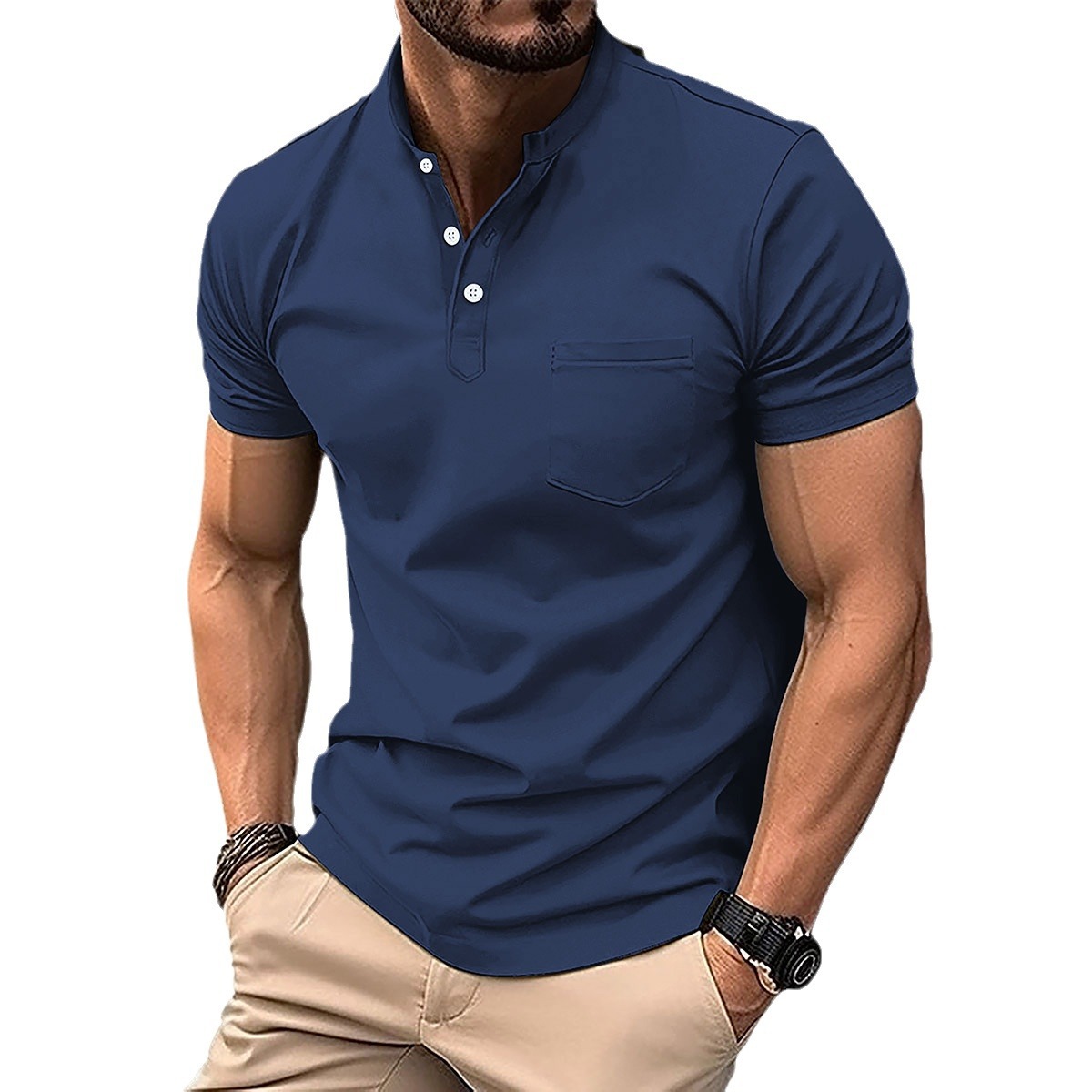 Men's Polo Shirt V-neck Casual Business Button Solid Colour Top_voghion.com