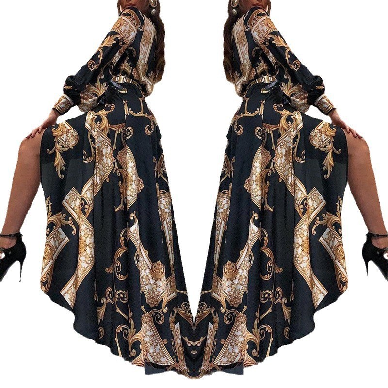 Women's retro palace style printed long-sleeved dress mopping shirt dress_mkmklike.com