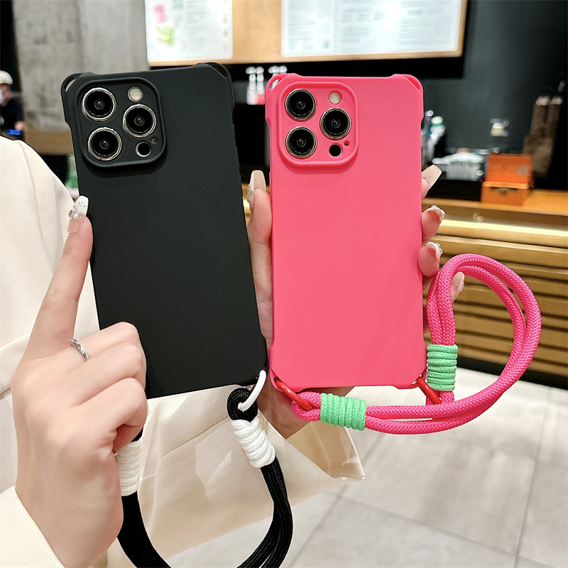 Candy Color Lanyard Strap Phone Case For iPhone 15 14 13 12 11 Pro Max Plus X XS XR Silicone Soft TPU Back Cover_voghion.com