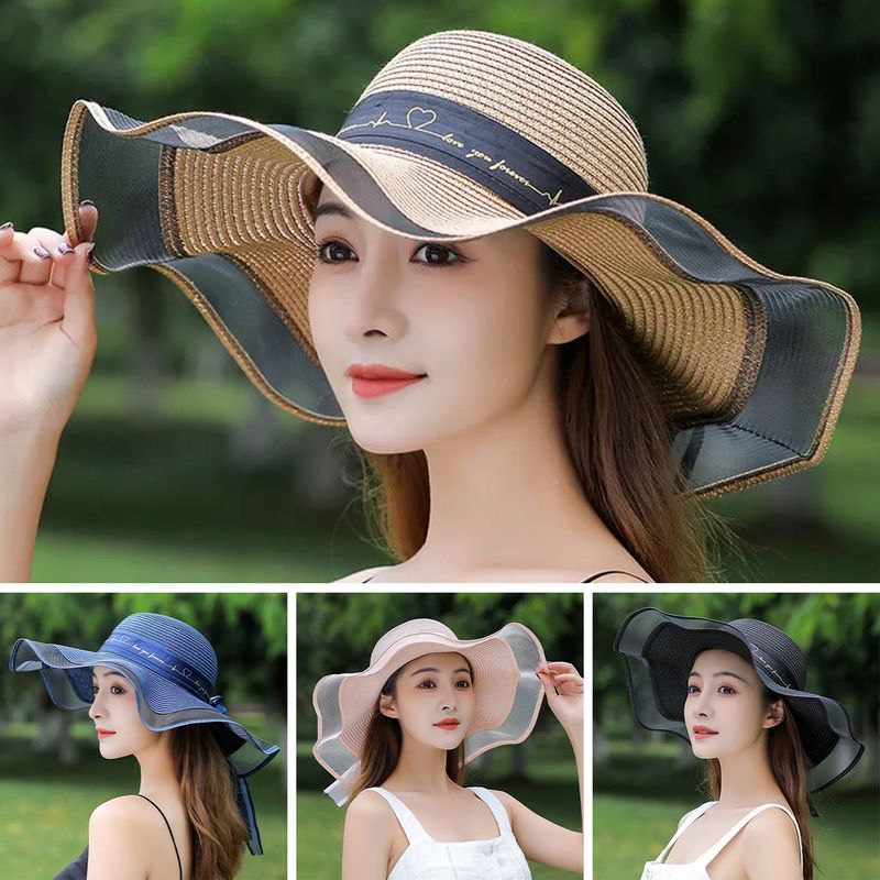 Women's Straw Hat Color Block Bow Summer Sun Hat Khaki Stylish_voghion.com