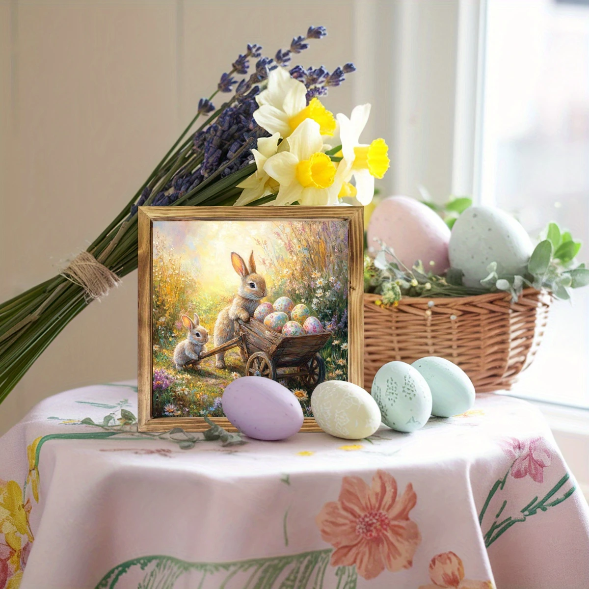 Rustikales Holzschild „Hase und Schubkarre“ (20,3 x 20,3 cm) – Bauernhaus-Wandkunst für Eingangsbereich, Küche und Wohnzimmer | Osterdeko und Geschenk_voghion.com