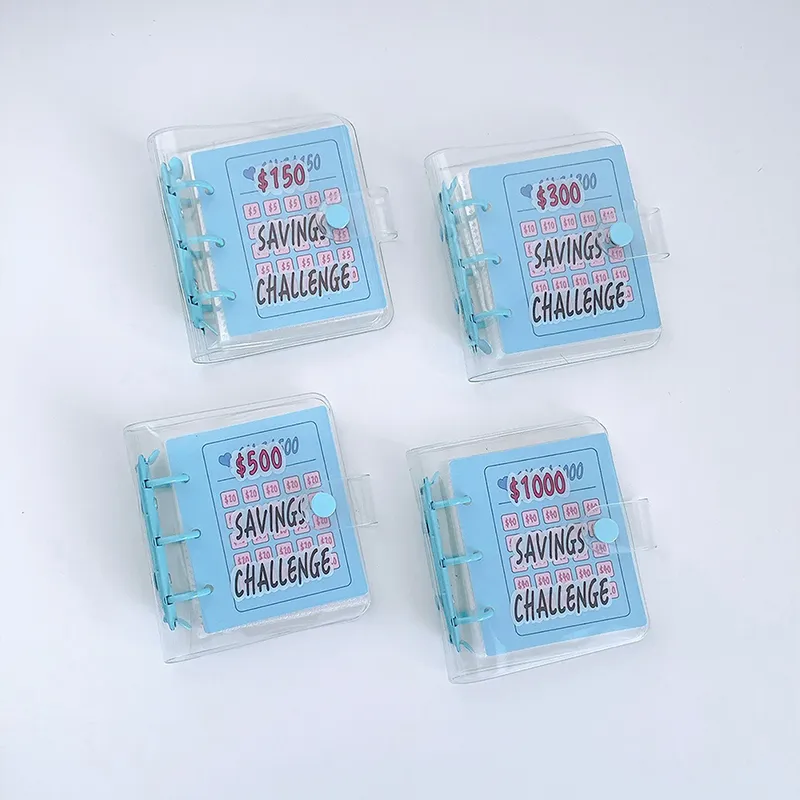 Mini fichário de PVC com fecho de botão para desafio de dinheiro de US$ 1.000, envelope com desafios de economia, livro durável e portátil_voghion.com