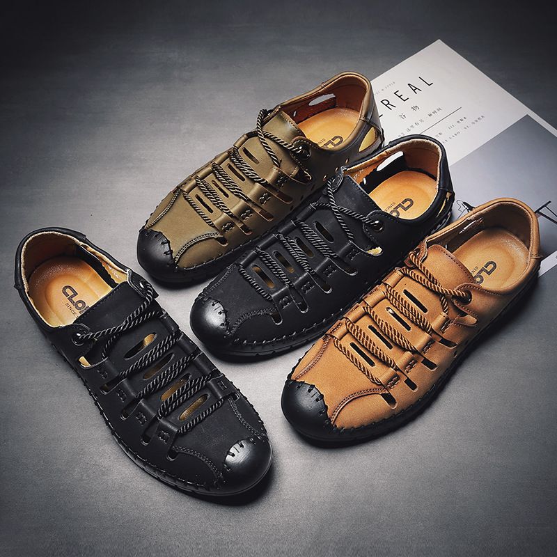 Sommer nye herresandaler, udendørs strand håndlavede hule åndbare fritidssko med hul, snørebånd indpakkede lædersko_voghion.com