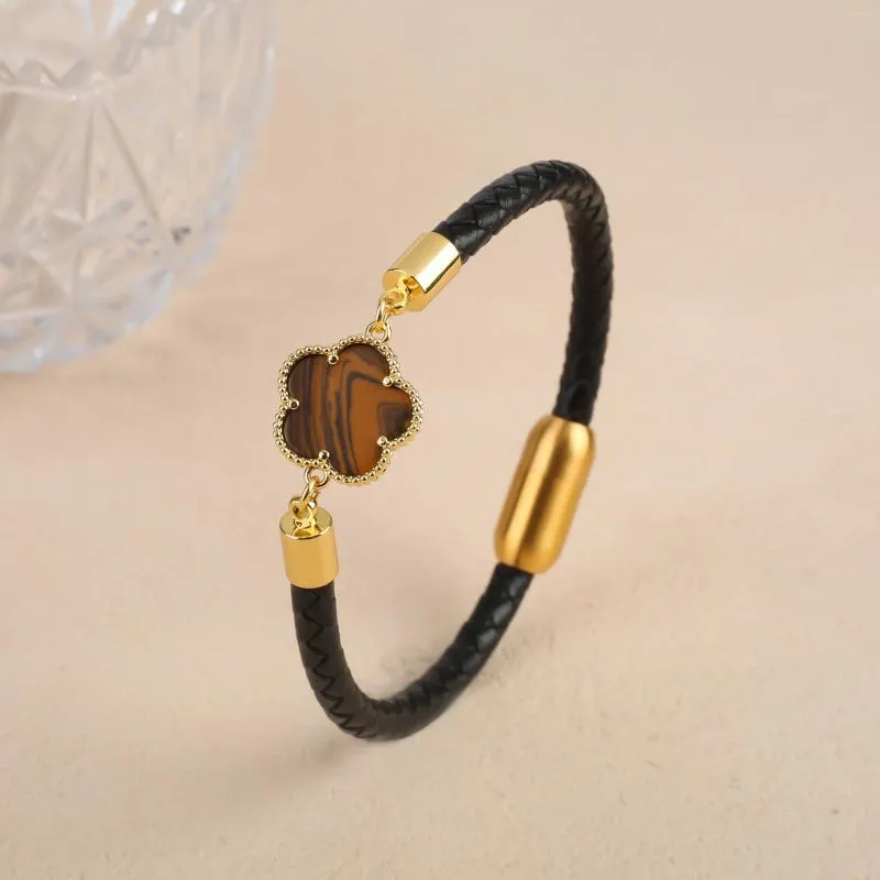 Bangle Stainless Steel Men's And Women's Bracelet Leather Simple Style Natural Shell Five-Leaf Flower Jewelry Charm_voghion.com