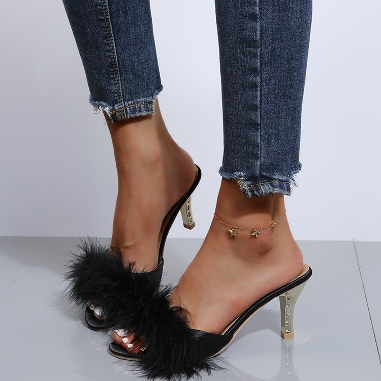 Furry Sandals For Women Sexy Women Shoes 2024 Summer New Daily One Line Women's High Heeled Slippers Foreign Trade