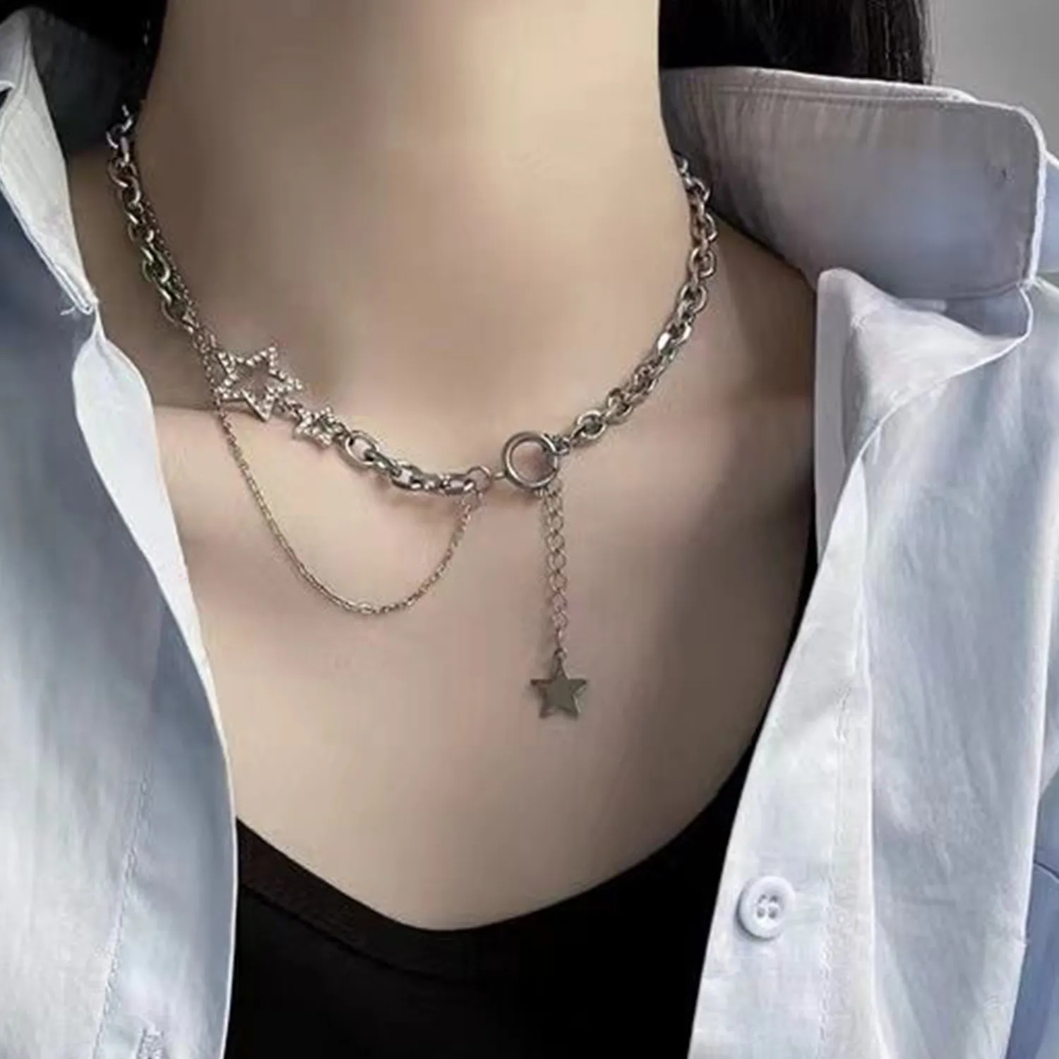 Collane con ciondolo Stella lucida Collana girocollo con nappa a strati Gioielli per donna 2024 Moda Pentagramma Catena color argento_voghion.com