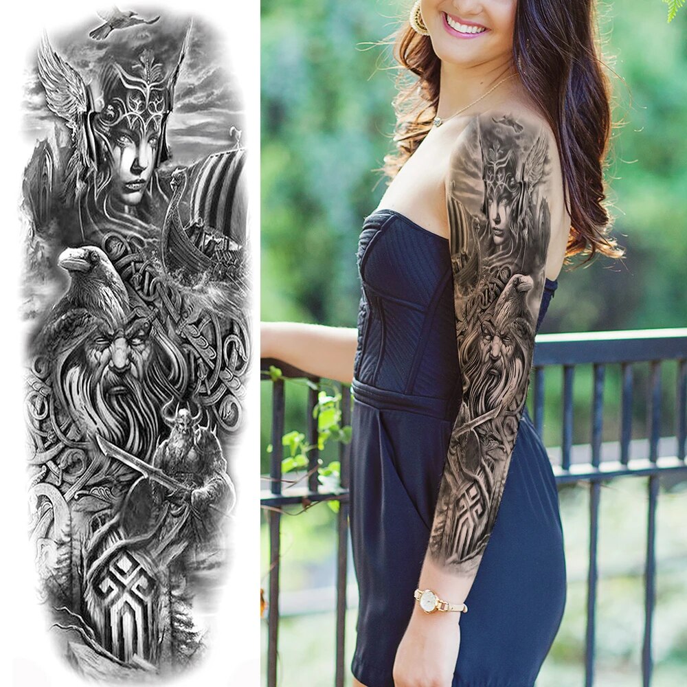 Autocol de tatuaje temporare complete sexy pentru braț pentru femei, bărbați, adulți, pistol, călugăriță, mâneci de tatuaj realiste, mari_voghion.com