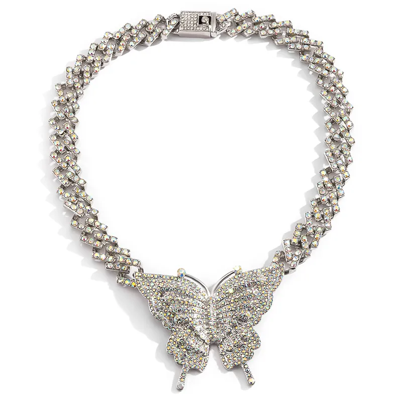 Collane a farfalla da donna con brillantini, catene a maglie cubane ghiacciate, ciondolo in cristallo d'argento con strass, anime, animali, hip hop_voghion.com