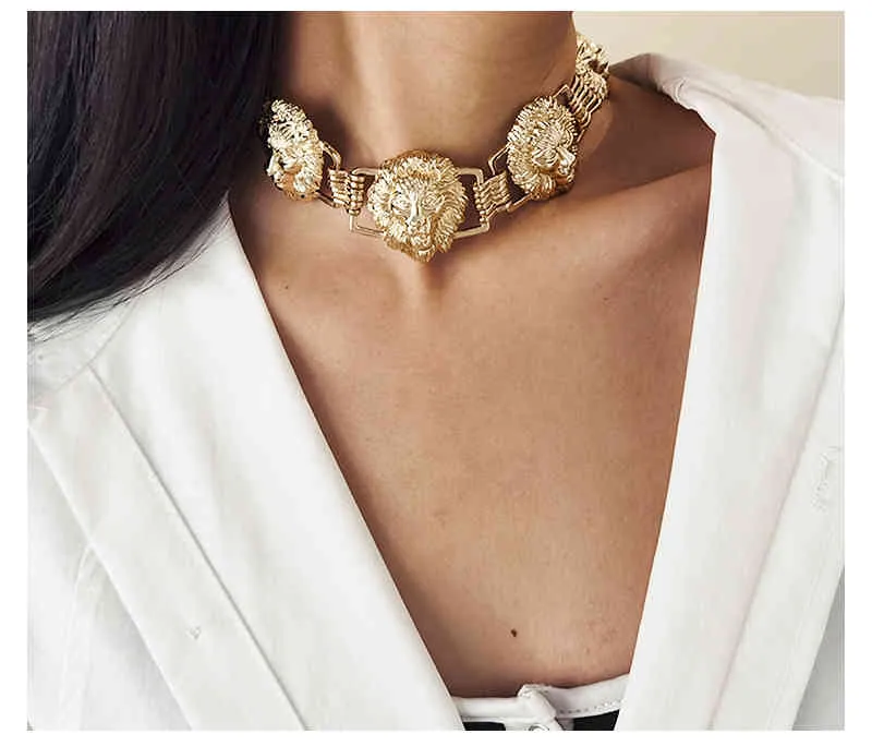 Gsold Fashion Hip-hop Przesadny Wielokrotny Lew Głowy Choker Naszyjnik Metalowy Urok Kobiety Street Style Biżuteria Impreza_voghion.com