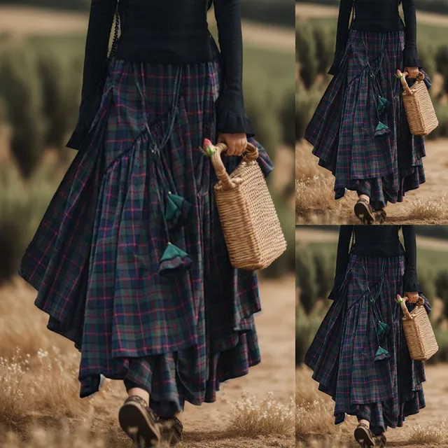 Heißer verkauf Mode Frauen Lose Plaid Print Fringe Unregelmäßige Waiste Asymmetrische Lange Röcke für Frauen Maxi Rock Faldas_voghion.com