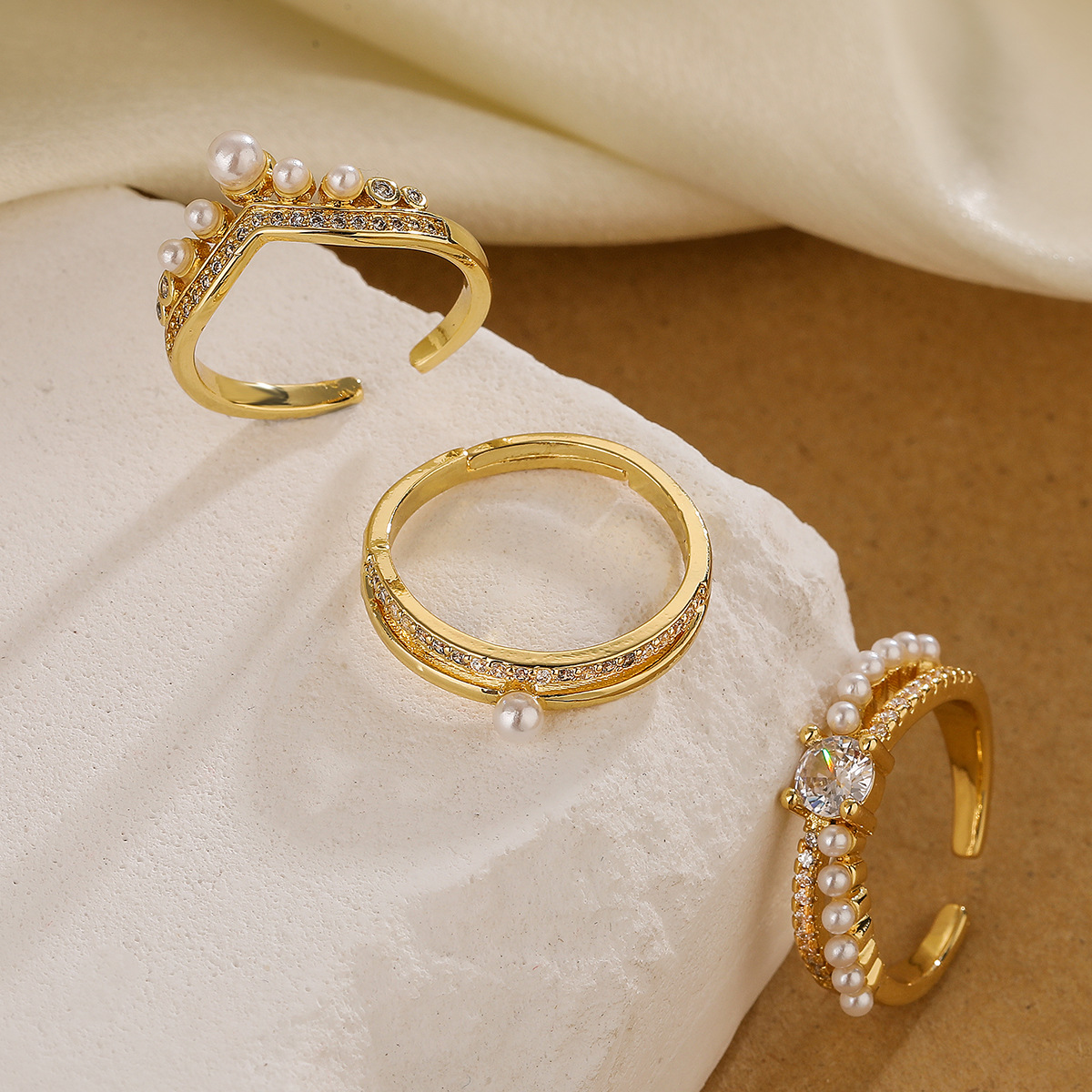 Australesch Moud Kofferplatéiert Echtgold Zirkon Perl Geometrisch Oppen fir Damen Klengen a Luxusring_voghion.com