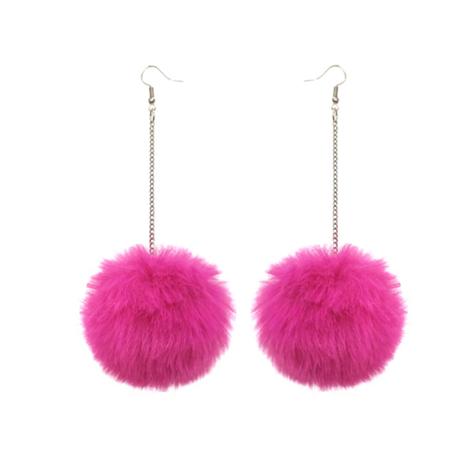 Ethnic style popular 6cm silver long chain rabbit fox fur female plush ball earrings_voghion.com