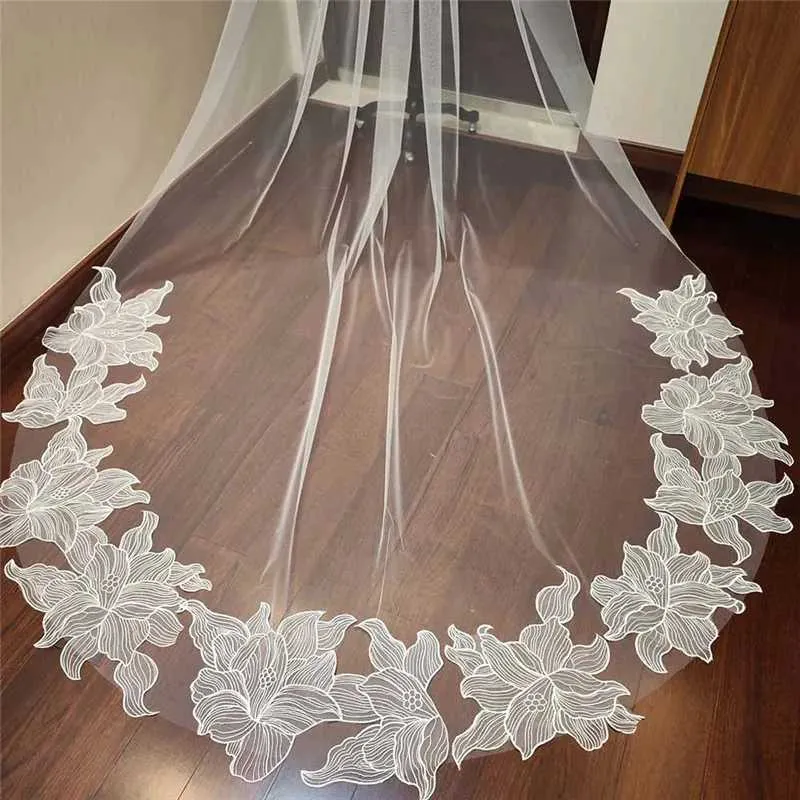 Gioielli per capelli, pizzo floreale romantico con pettine, singolo strato, 3 metri di lunghezza, velo da sposa color avorio, accessori per la sposa_voghion.com