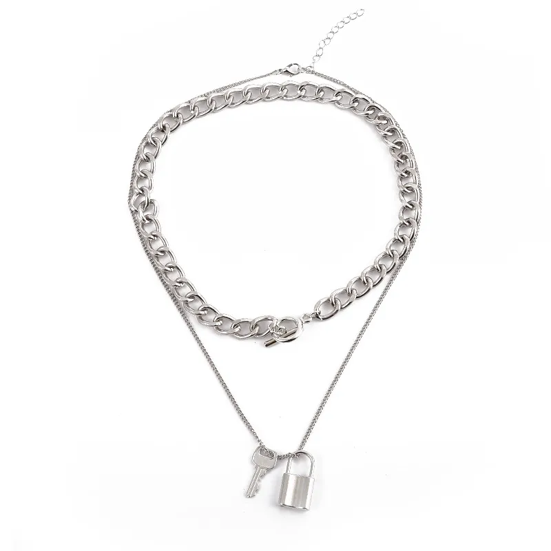 Chains Key Lock Head Double Layer Necklace Sweater Chain Accessories Personality Hipster Choker Hip Hop Creative_voghion.com
