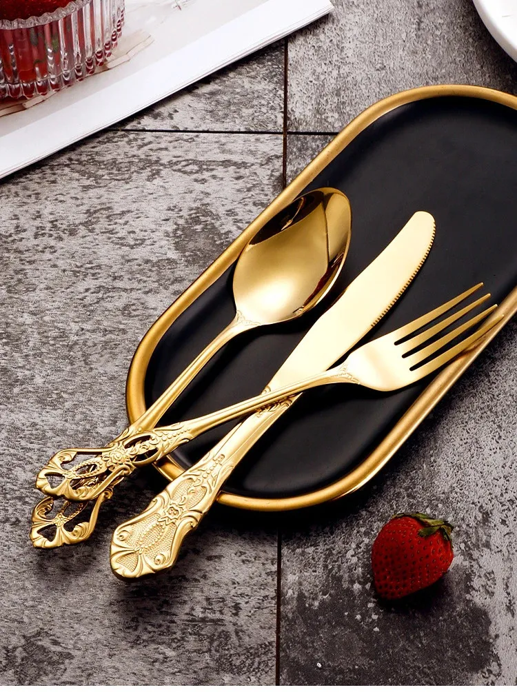 Conjunto de talheres de aço inoxidável dourado, colher, garfo e faca de bife europeus, retrô, oco, louça, talheres_voghion.com