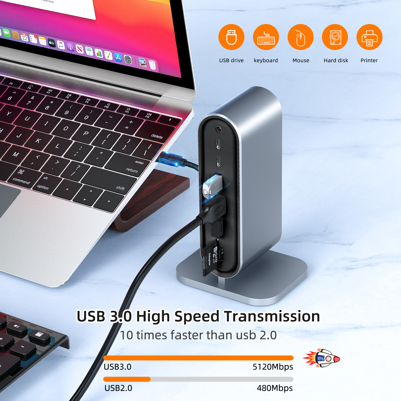 13 in 1 Usb Type C HUB USB C Vertical Dock Station 4K Thunderbolt Hub 3.0 TF SD Reader Ethernet Network for MacBook Pro/Air_voghion.com