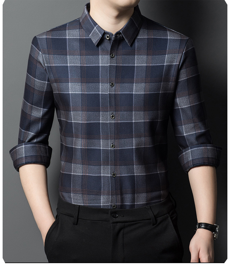 2024 Autumn/Winter New Traceless Men's Wool Plush Thickened Long sleeved Shirt Business Breathable Shirt_voghion.com