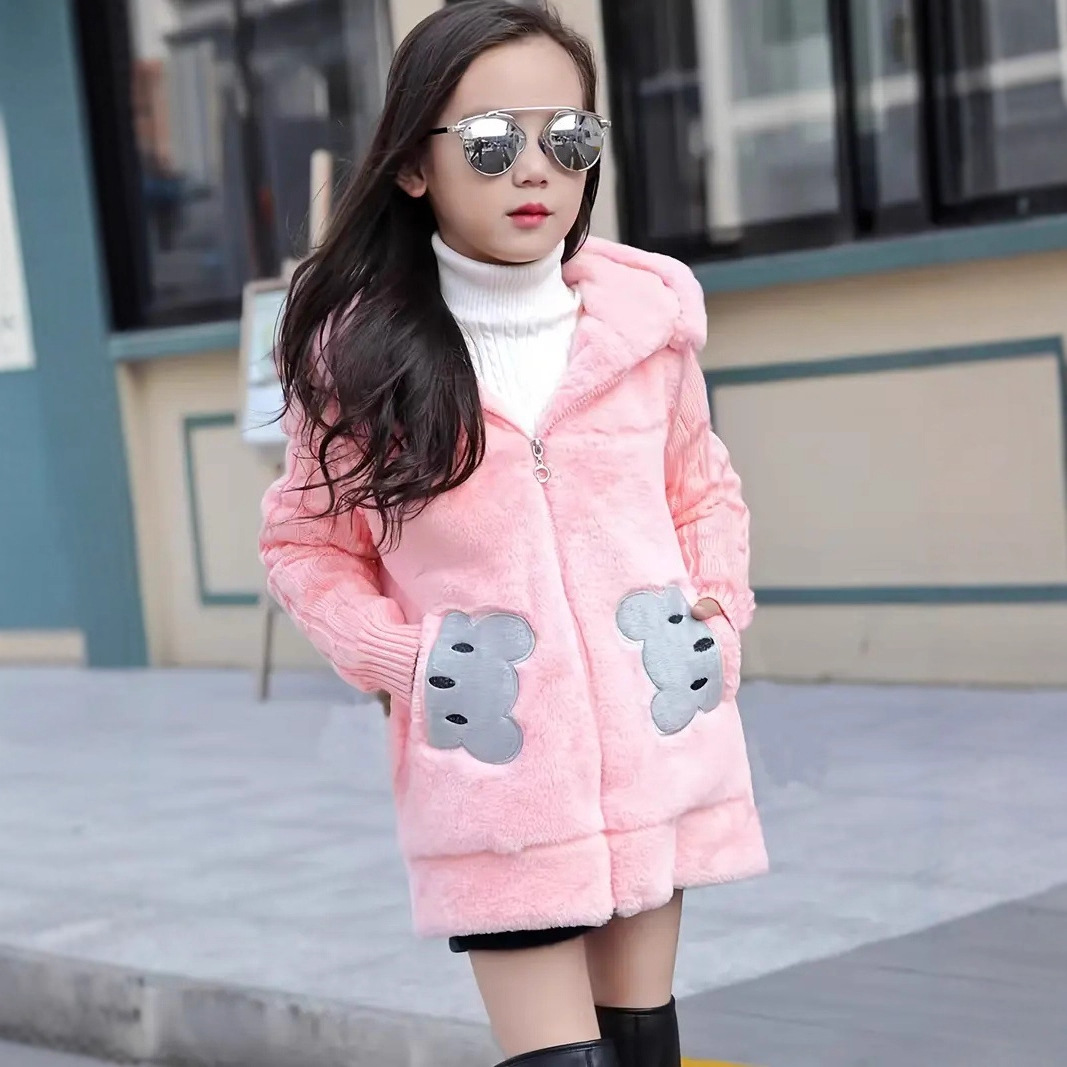 Girls‘ Winter Faux Fur Hooded Coat – Thickened Long Puffer Jacket With Plush Lining (110-160cm) – Trendy Korean Style, Zipper Closure – Warm & Stylish