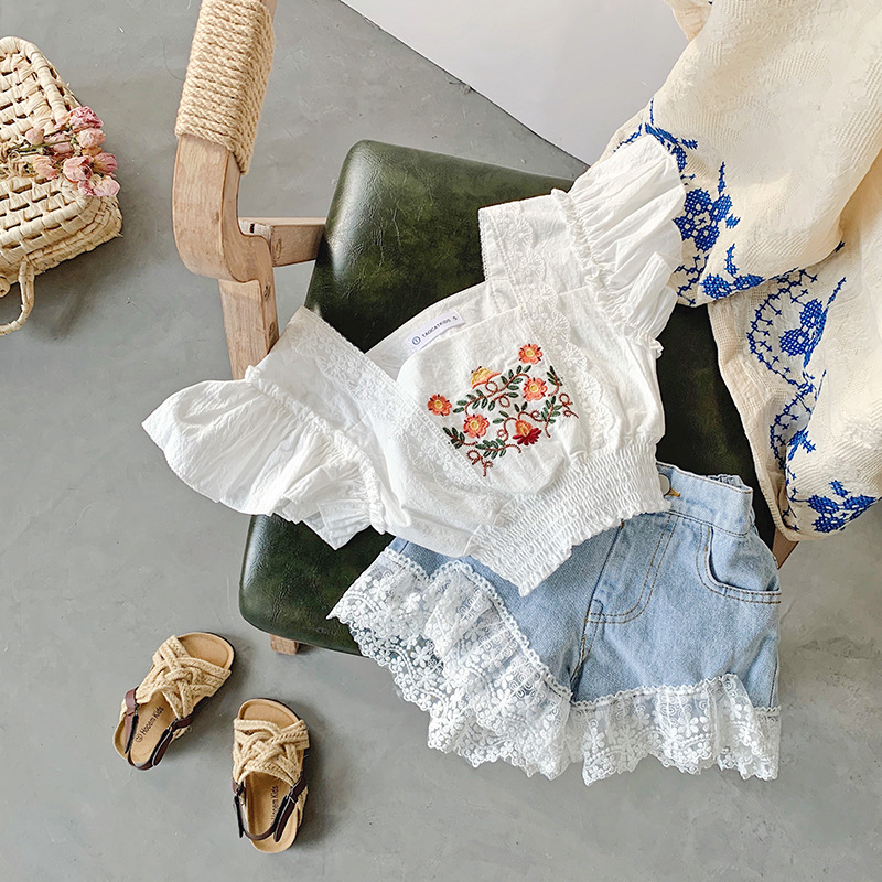 Mother & Kids children's clothing summer new girls suit fashionable embroidered top plus denim shorts suit_voghion.com