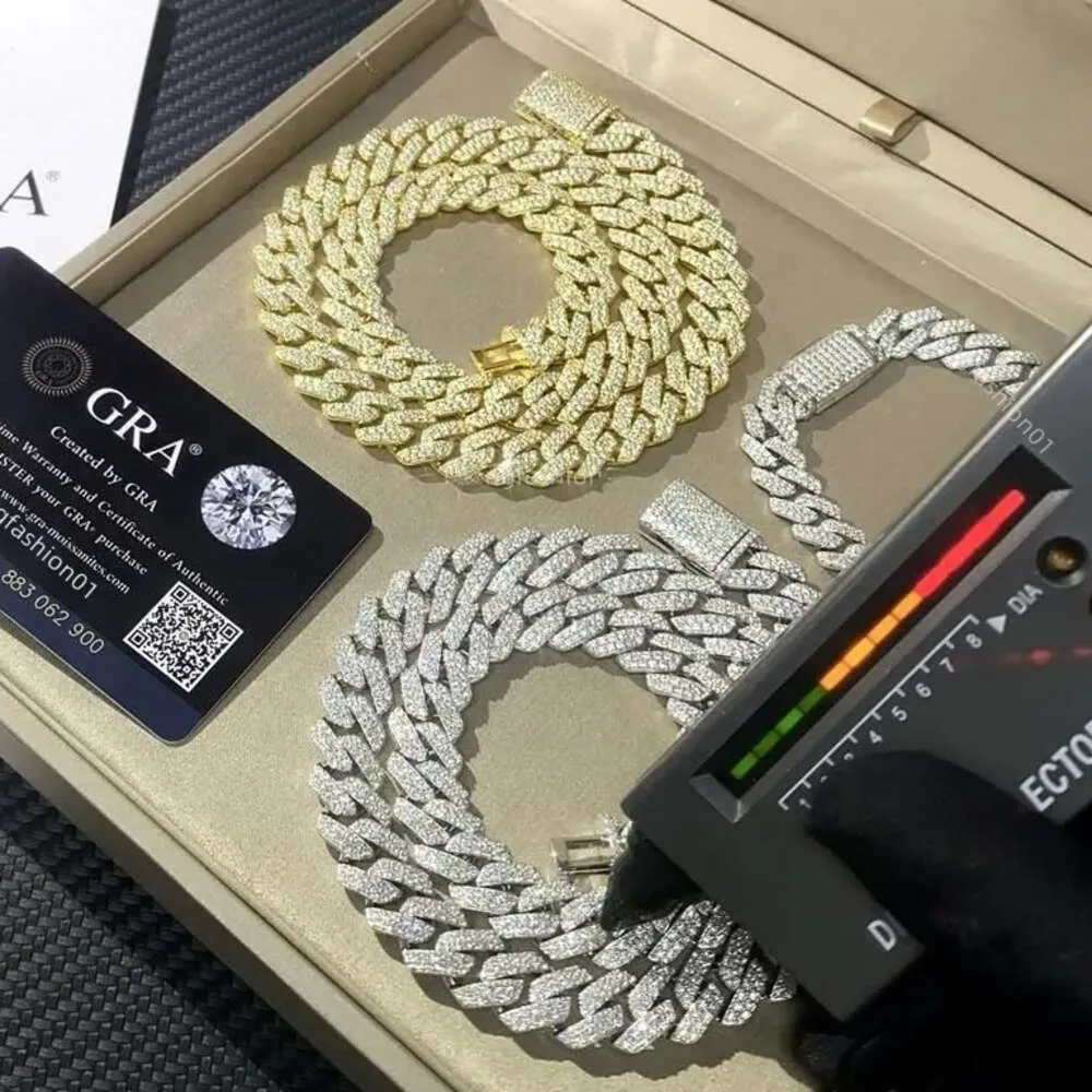 Catene di gioielli di design GRA VVS Moissanite Collana cubana per uomo Bracciale da 14 mm Catena a maglie in argento con diamanti_voghion.com