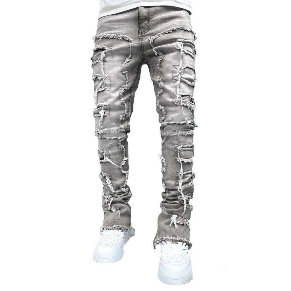 Pantalon droit en denim à patch élastique pour homme, nouvelle mode de rue_voghion.com