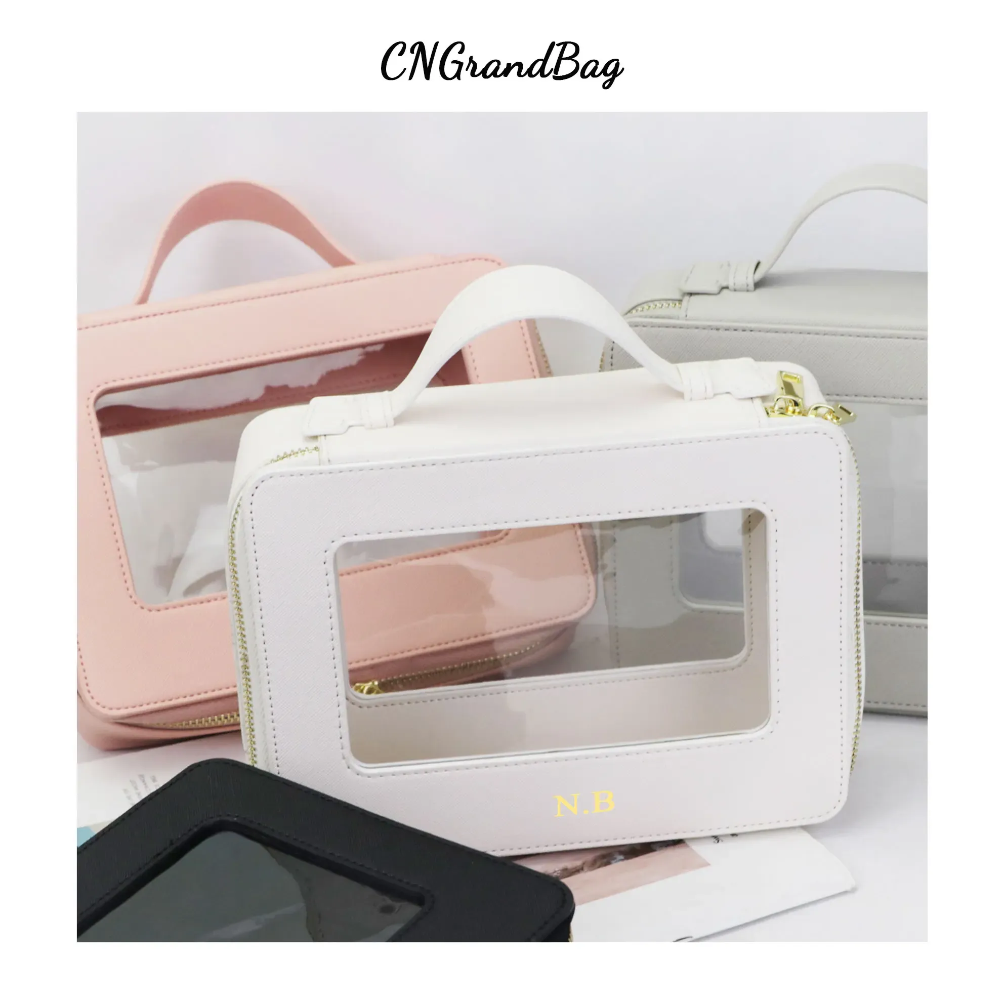 Trousse de toilette personnalisée en cuir véritable, colorée, classique, portable, voyage, transparente, en PVC, cosmétique, TPU_voghion.com
