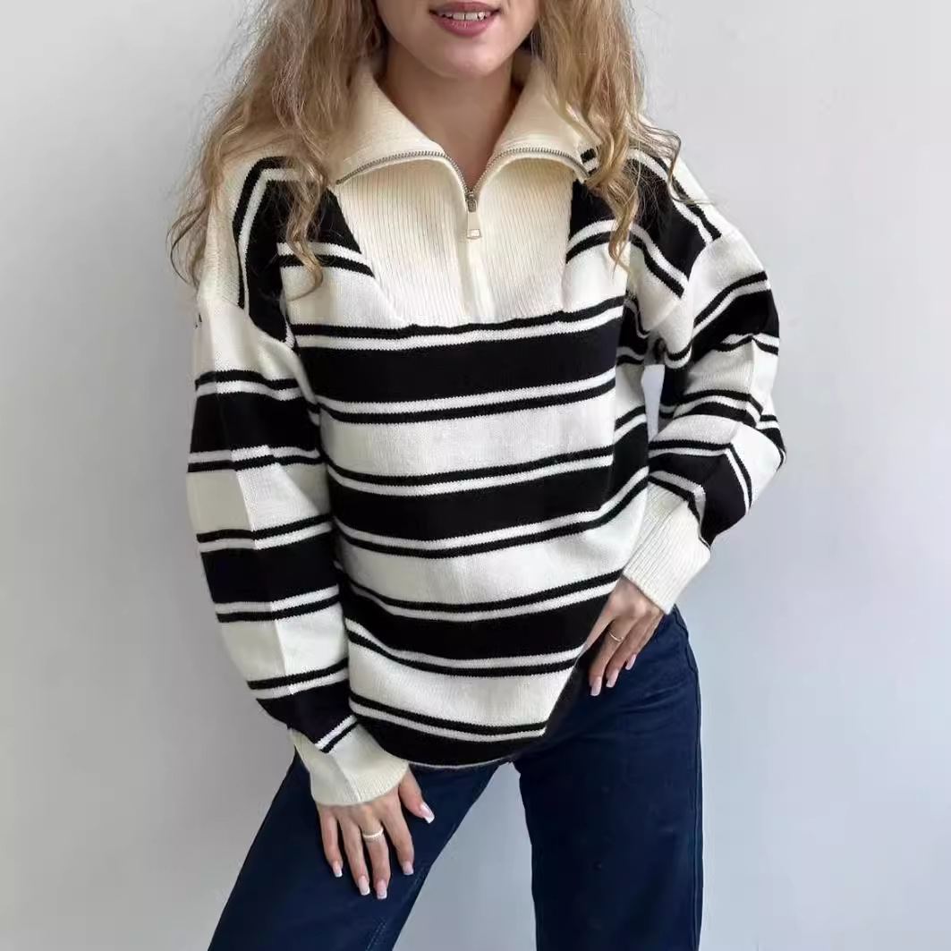 Half zip lapel contrasting loose oversized striped knit sweater jacket