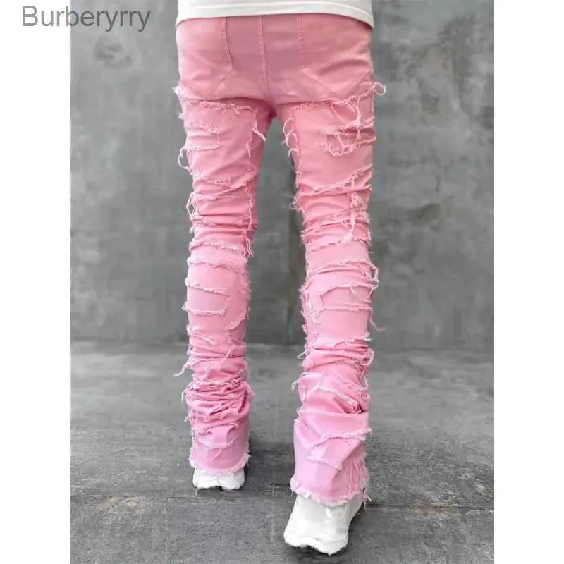 Jeans aderenti aderenti da uomo con frange hip-hop R Edge elastici e toppe punk rock lunghi e attillati, pantaloni in denim blu rosa_voghion.com