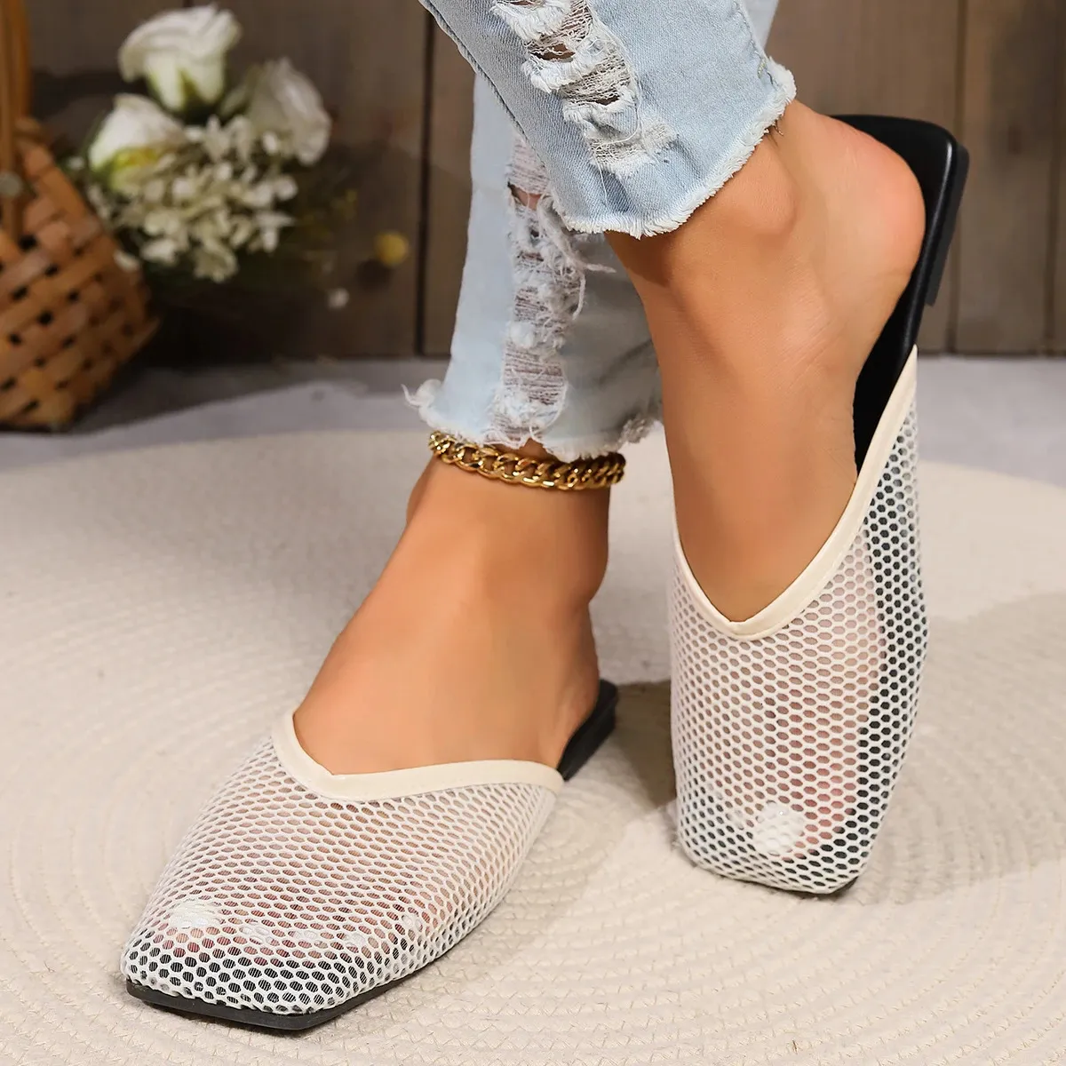 Muls Womn Shos Msh Summr Low Hl Slipprs Outdoor Sandals Koran Sxy Elgant Chic Squar To Slip On 240613_voghion.com
