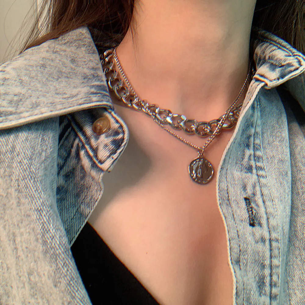 Chains FSUNION Fashion Vintage Multi-layer Coin Chain Choker Necklace For Women Portrait Chunky Necklaces 2024 Jewelry_voghion.com