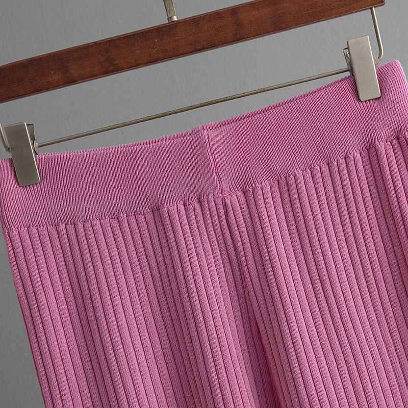 Pantaloni da donna nuovi, tinta unita, casual, scollo rotondo, alla moda, a maniche corte, in maglia, due pezzi_voghion.com