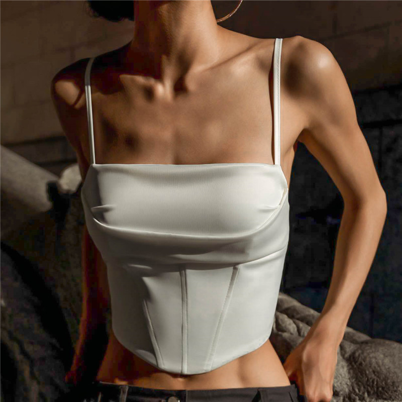 Damenmode 2024 Spicy Girl Satin Fischgrätenspitze Offener Nabel Hängender Unterteil Tank Top für Frauen_voghion.com