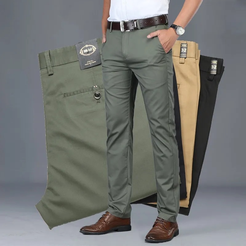 Cotton Casual Pants Mens Clothing Straight Business Green Black Khaki Trousers Male Brand 2024