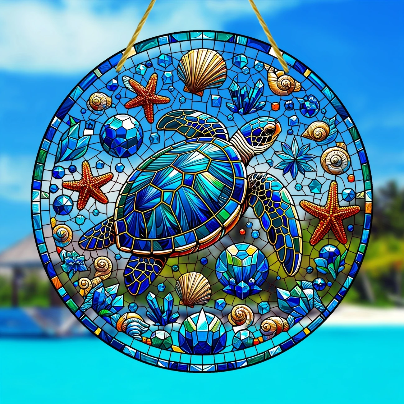 1pc 8''x8'' Round Acrylic Turtle & Starfish Suncatcher, Dyed Wreath Design. Perfect For Room/cafe/outdoor Decor. Holiday Gift Idea._voghion.com