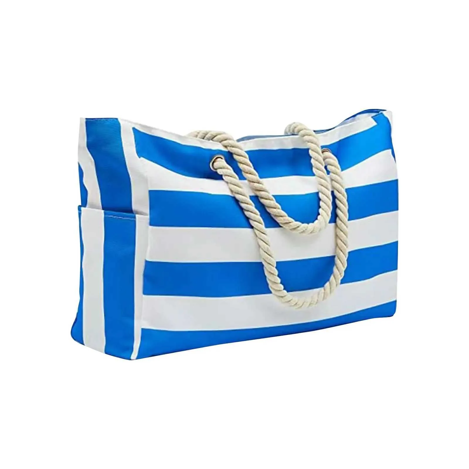 Striped Zipper Double Outer Canvas Polyester Beach Bag For Outdoor Travel Seaside Vacation Large Capacity Bolsos De_voghion.com