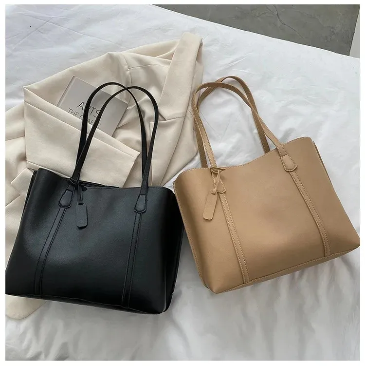 1PC black minimalist large capacity soft leather tote casual versatile shoulder bag 240822_voghion.com