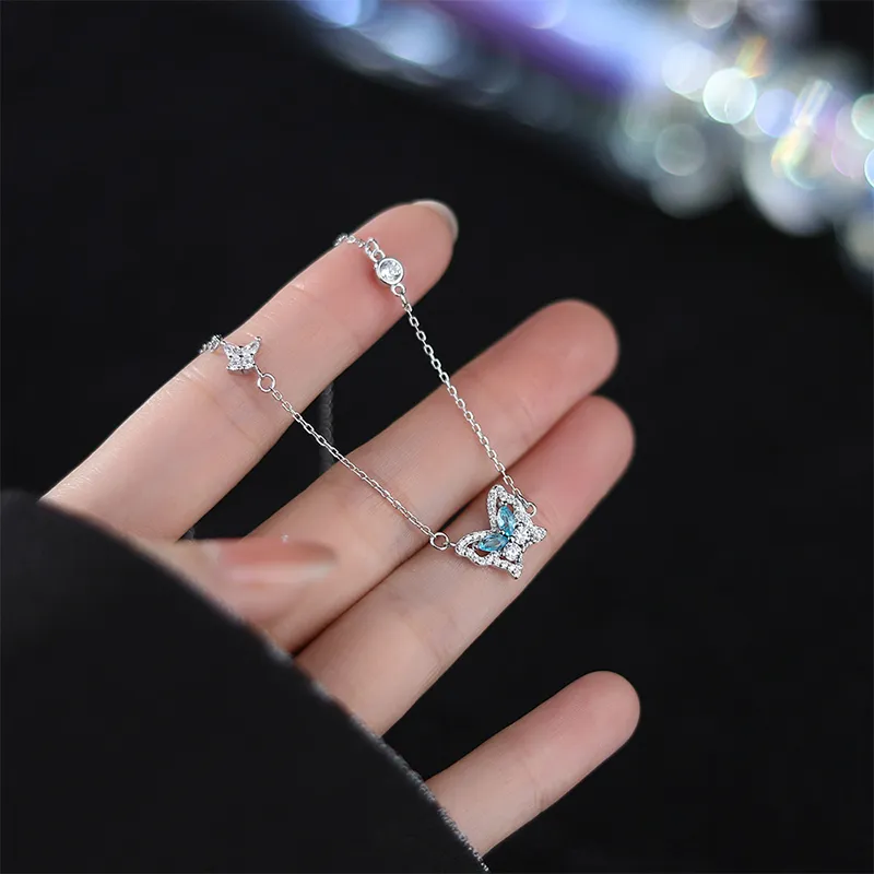 Chaînes en argent sterling avec pendentif papillon brillant pour fille douce, bijoux élégants à la mode, chaîne de clavicule pour femmes_voghion.com