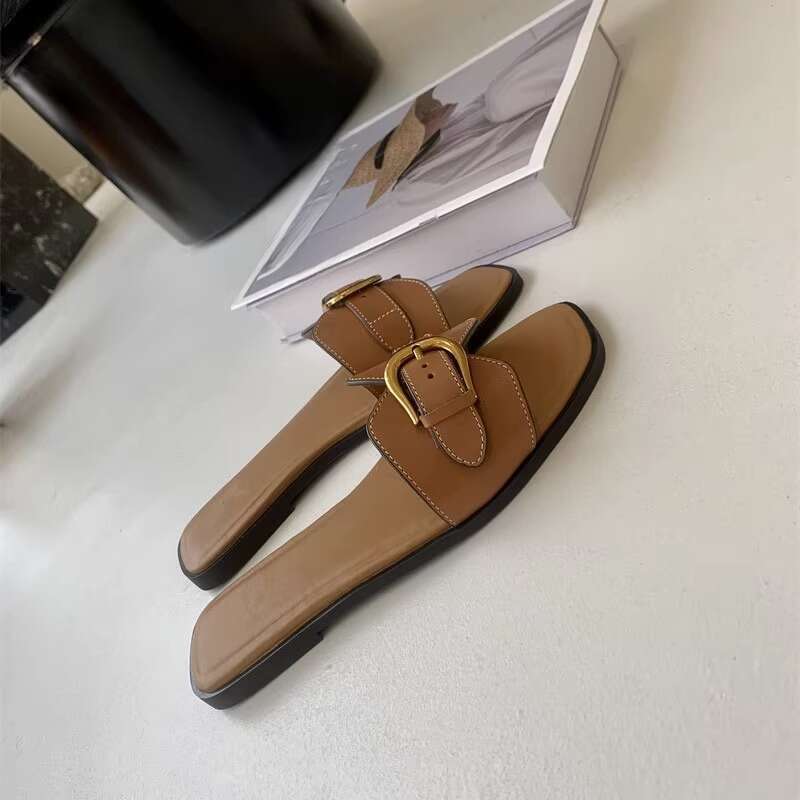 Flache Hausschuhe für Damen im Sommer 2024, neue beliebte Sandalen mit Schnalle für Loafer, lässige Strandschuhe_voghion.com