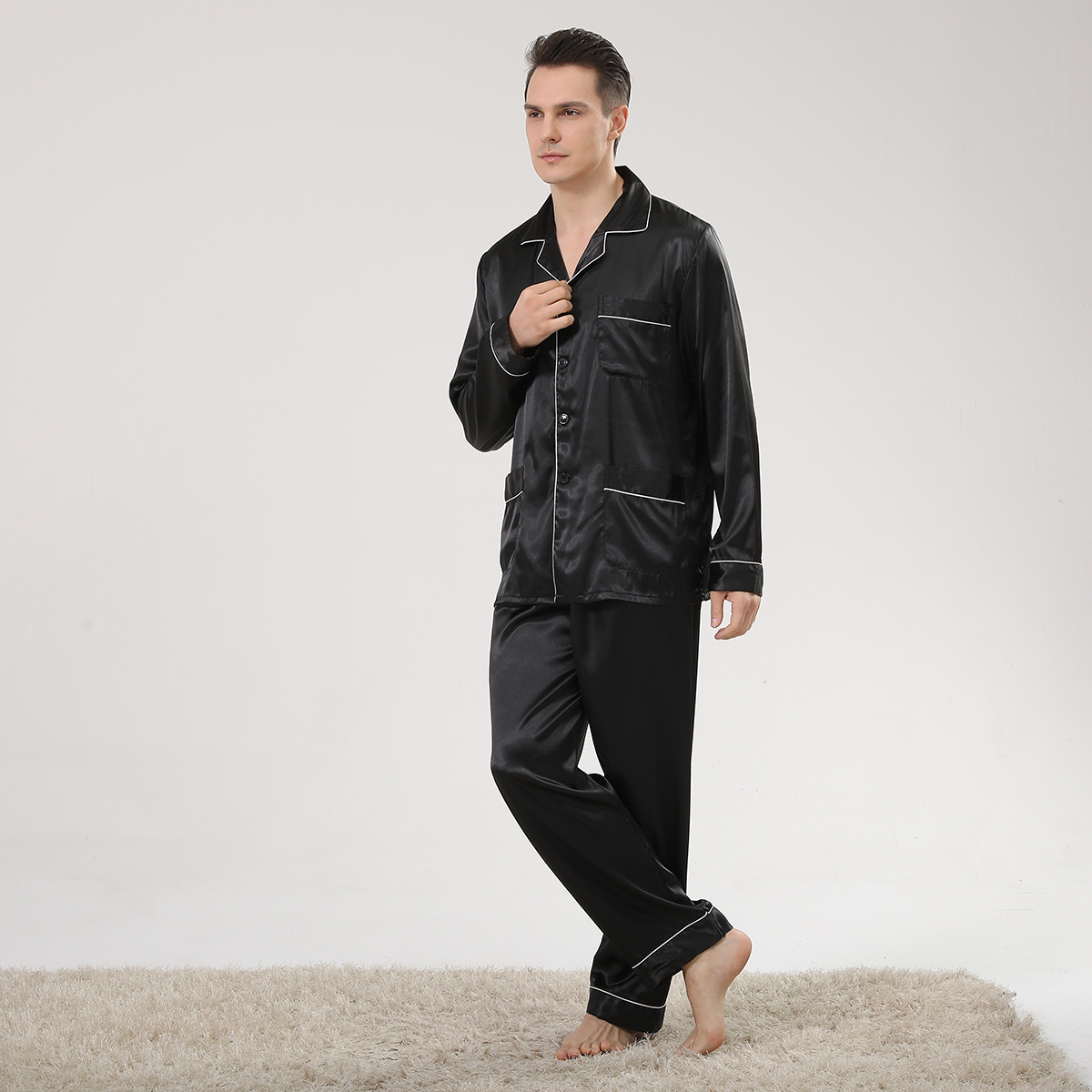 men's printed silk pajamas long-sleeved large-size home clothes suit ice silk summer pajamas men