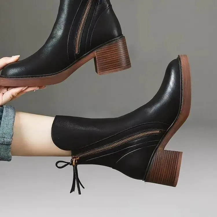 Womens high leather short round thick side zipper foot pedal boots 241022_voghion.com