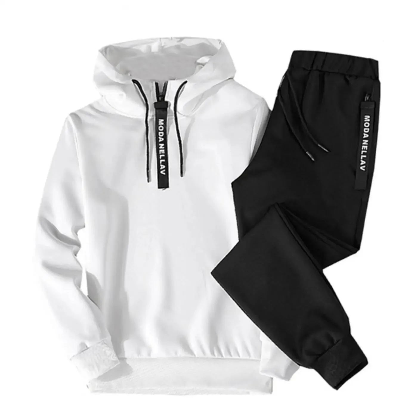 Set di abbigliamento sportivo da uomo tinta unita, patchwork con cerniera, trapuntato da uomo, felpa con cappuccio casual primaverile, felpe con cappuccio, 2 pezzi + pantaloni da jogging_voghion.com