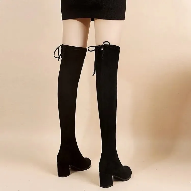 artificial Suede Autumn Zipper Elastic Knee Boots Womens Lace High Heels Black Botas Drone 240911_voghion.com