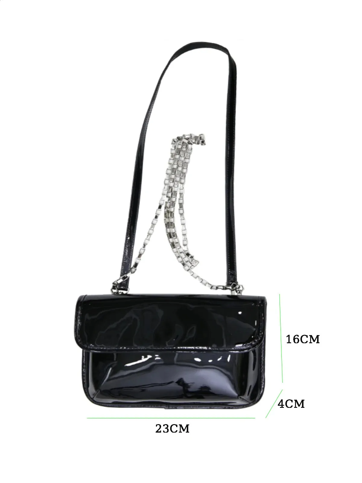 Klassische Schwarze Lackleder Umhängetasche Mit Kettengurt_voghion.com