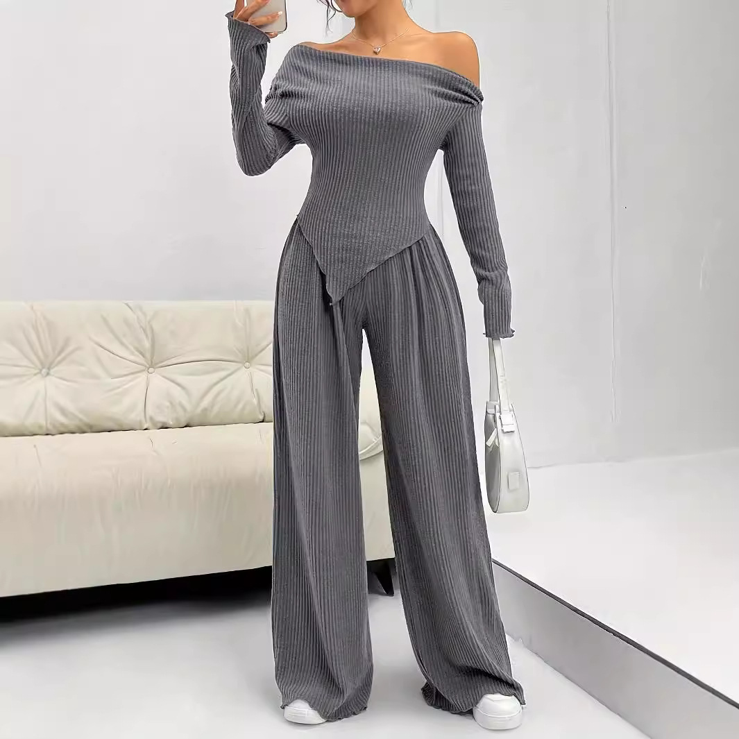 Vêtements pour femmes Costume deux pièces transfrontalier pour femmes Nouveau style Mode Pantalon droit décontracté Tempérament Lâche Une ligne Col Pit Strip Tricot