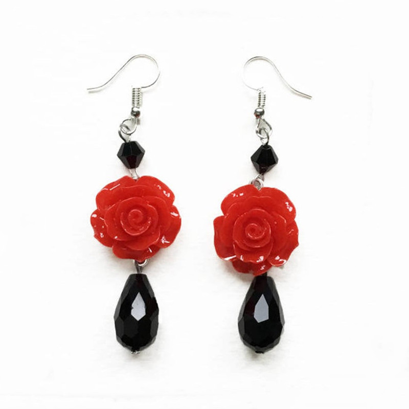 Earrings Black rose earrings with red beads_voghion.com