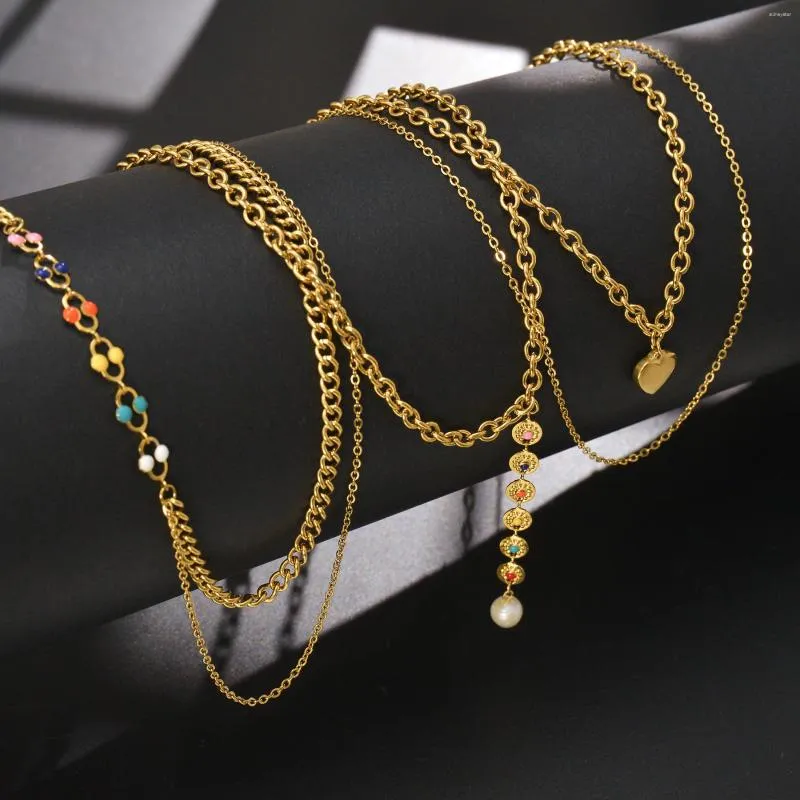 Chaînes Couleur Or Double Couche Chaîne Pendentif Coeur Collier Ras Du Cou Bijoux En Acier Inoxydable Haut De Gamme Fête D'anniversaire_voghion.com