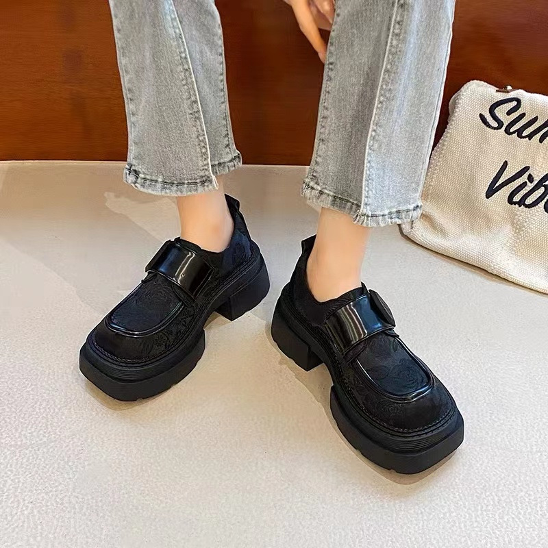 China-Chic Style Velcro Lefu Damesko 2024 Forårsnye Print Runde Hoveder Små Lædersko med Tykk Hæl og Blød Sål_voghion.com